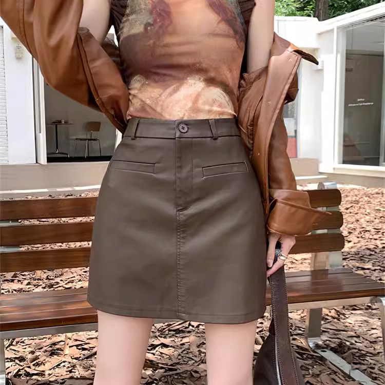 Puleather Half-length Skirt Hip-wrap Early Autumn Winter 2024 New High Waist Women's Short Skirt Joker Small Leather Skirt Black Spring