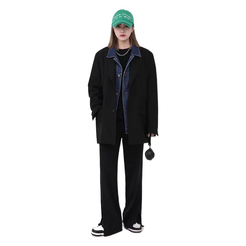 Cross-Border 2023 New Street Fashion Denim-Collar Suit, Faux Two-Piece Short Slim-Fit Casual Versatile Trendy Versatile