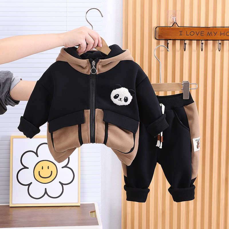 Autumn and winter baby Western style granular fleece thickened children's clothing children's clothing stitching panda head suit boys plus velvet suit