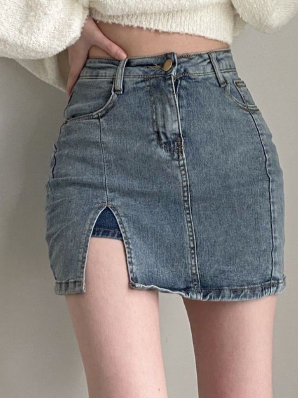 Slit Denim Short Skirt for Women Spring and Summer Thin High-Waisted Slimming Look 2023 New Small A-Line Hip-Hugging Skirt Ins