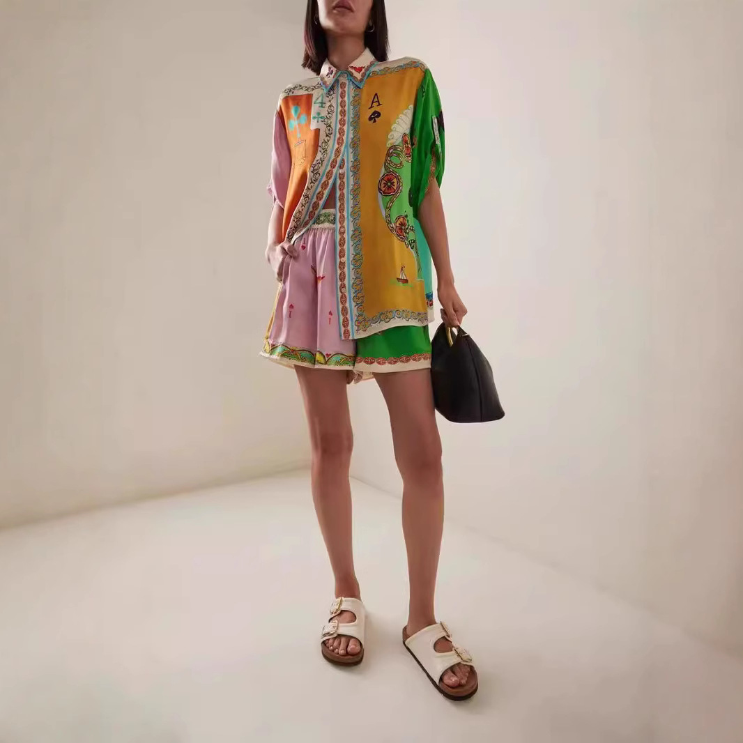 Europe and the United States cross-border 2024 new independent station AliExpress fashion linen graffiti linen Macaron lapel shorts suit