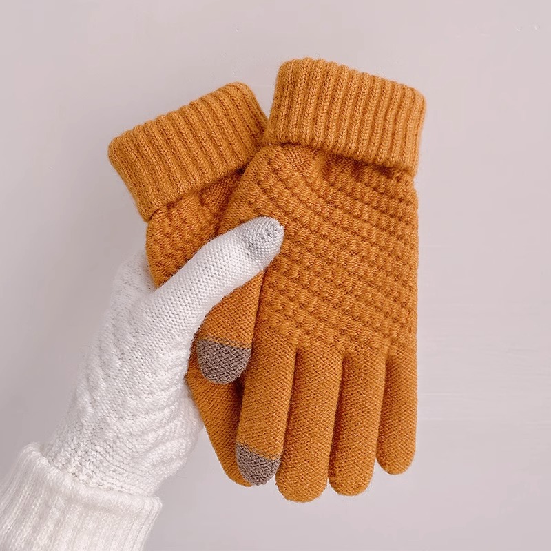 Autumn and winter warm gloves student wool knitted thickened fleece-lined cold-proof riding jacquard finger gloves touch screen female