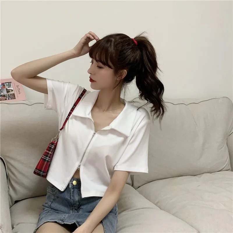 Shoulder Double Zipper Polo Shirt Short-sleeved T-shirt Women's Summer 2024 New Design Sense Slim-fit All-match Top Short Trendy