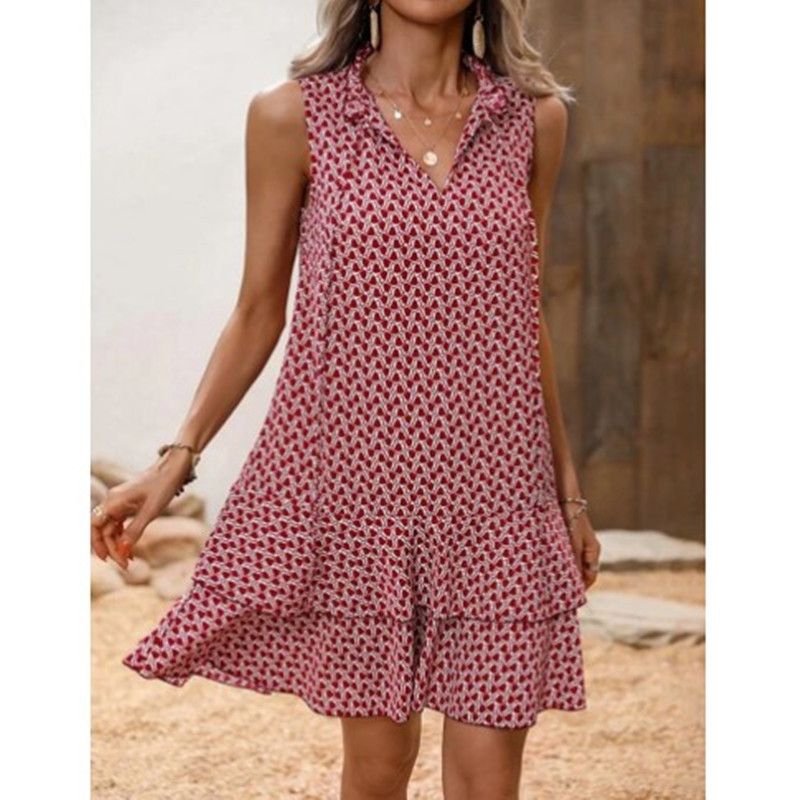 2025wish European and American Foreign Trade Bohemian Explosions Printed V-Neck Lace Sleeveless dress