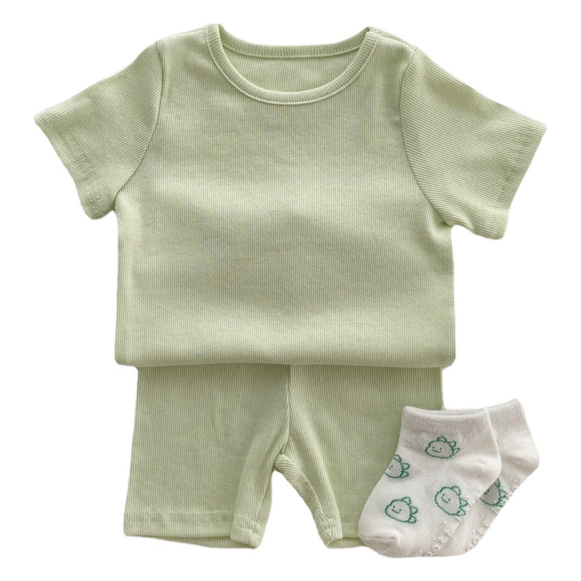 Korean Children's Clothing Baby Home Pure Cotton Set Baby's Pure Color Pit Strip Home Two-Piece Set Summer Home Clothing Set