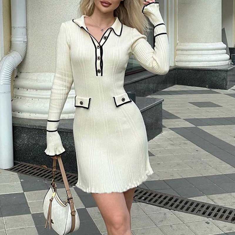 Picture of European and American Light Luxury Ruffled Knitted dress New Autumn Mid-length Dress Lapel Trumpet Sleeve Tight Sweater Dress