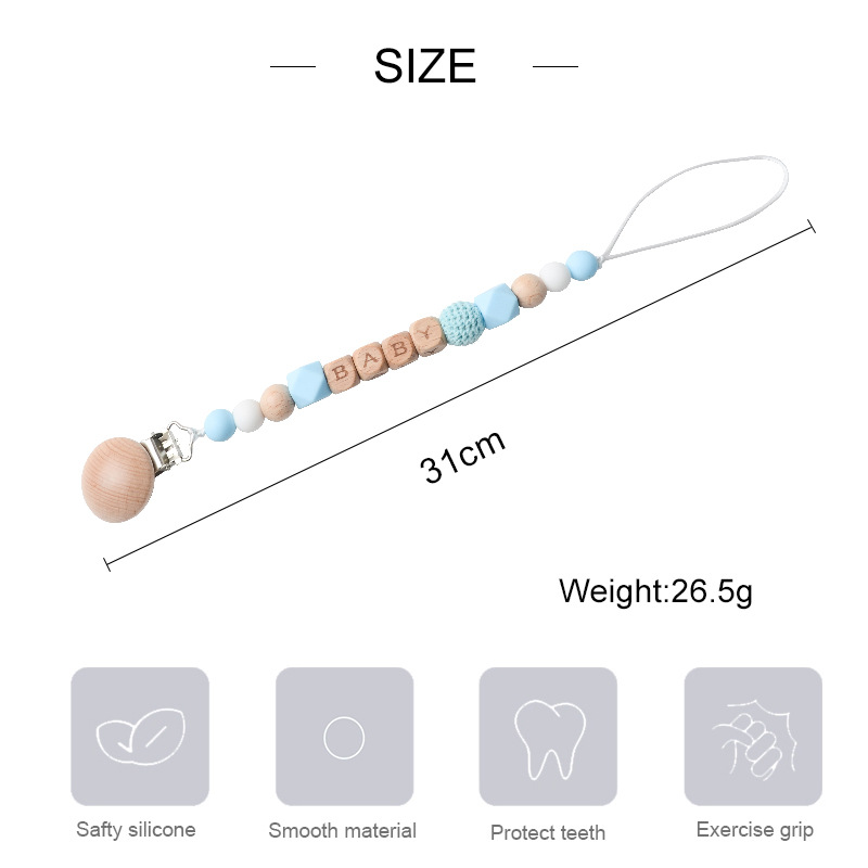 Picture of New Beech pacifier clip Beech letters BABY silicone octagonal beads wool crochet anti-drop chain