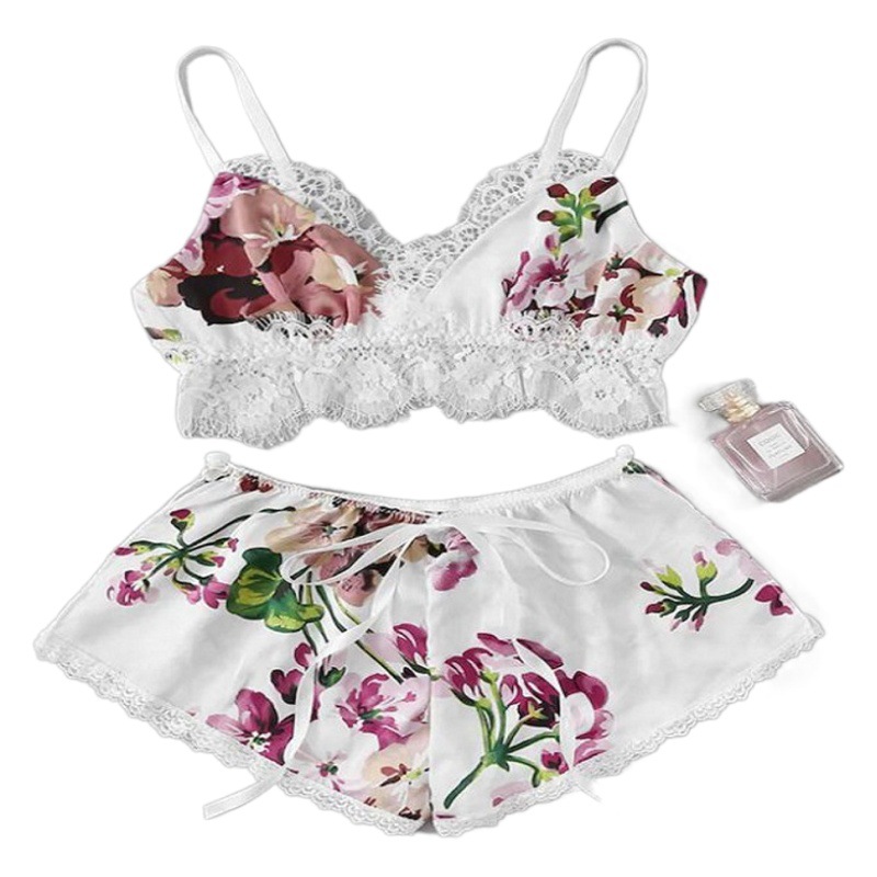 Wholesale New Silk Lace Suspender Pajamas for Women European and American Style Sexy Suspender Shorts Sexy Underwear Two-Piece Set
