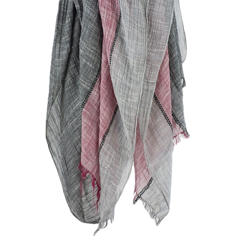 2024 Spring and Autumn Korean Cotton and Linen Scarf Women's Stitching Plain Art Style Tassel Shawl Elegant Easy-to-build Scarf for Foreign Trade