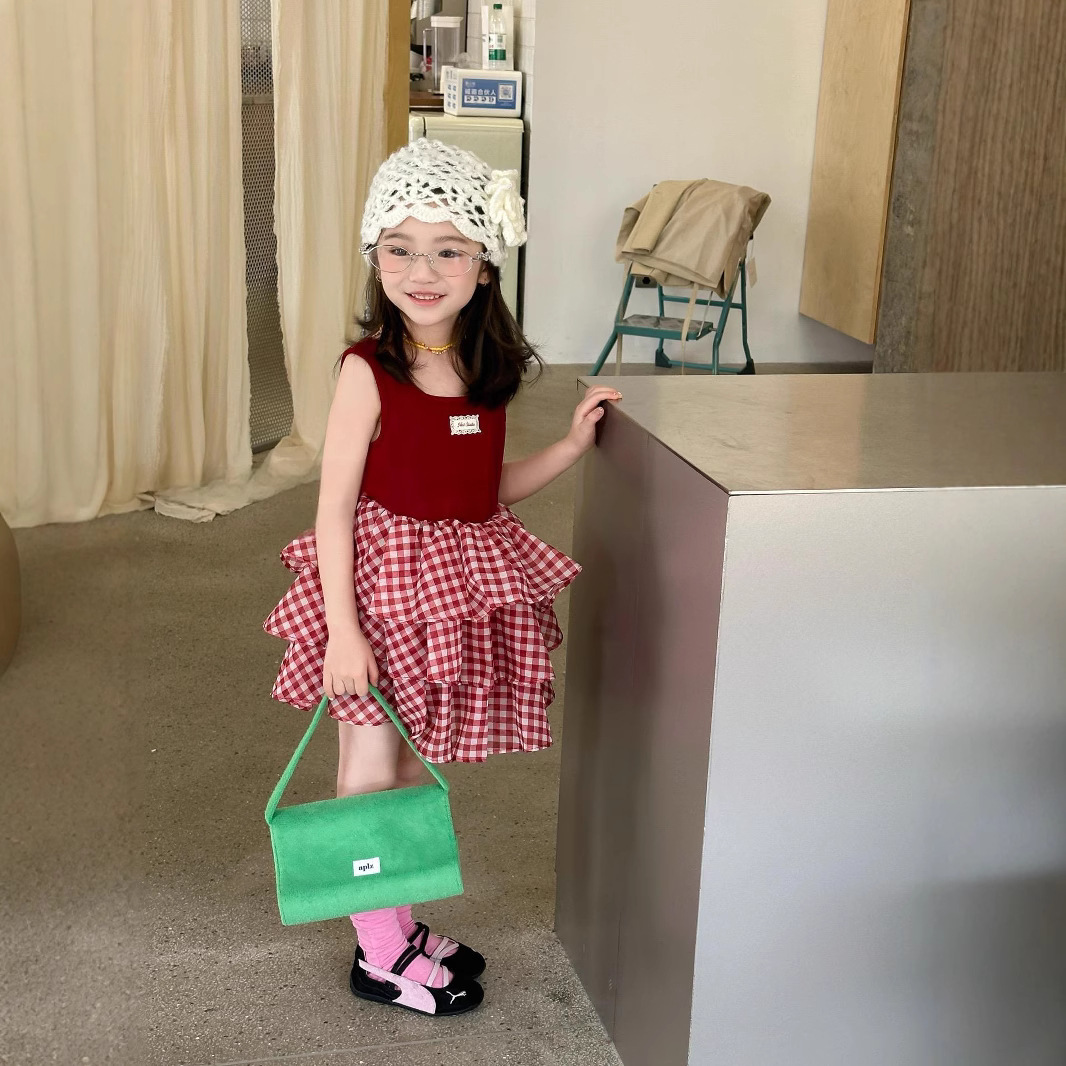 Summer Girl's Fashionable dress Summer Baby's Plaid Princess Dress Little Girl's Sweet Lace Puff Cake Dress