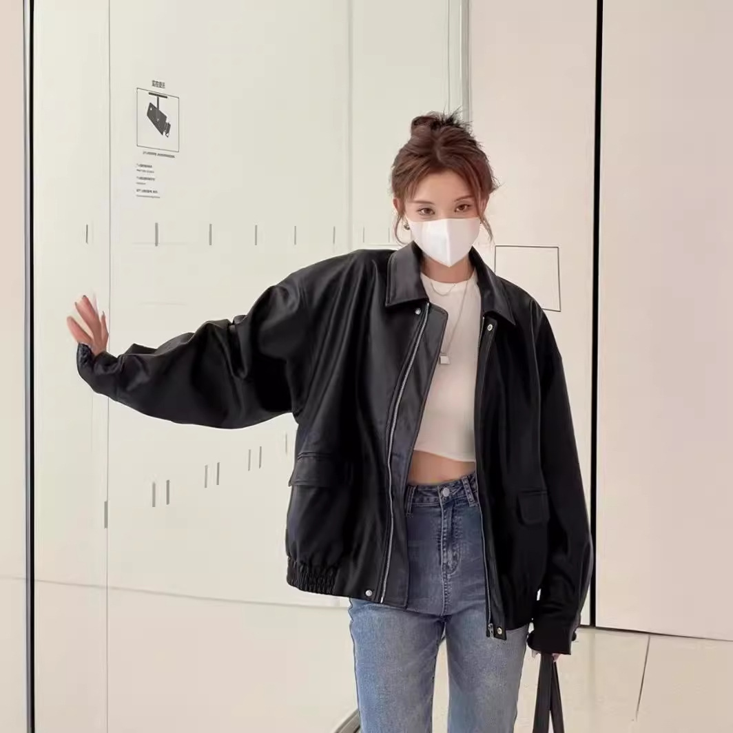 Picture of American Retro Brown Pu Leather Jacket for Women Spring & Fall 2023 New Oversize Niche Motorcycle Jacket Top
