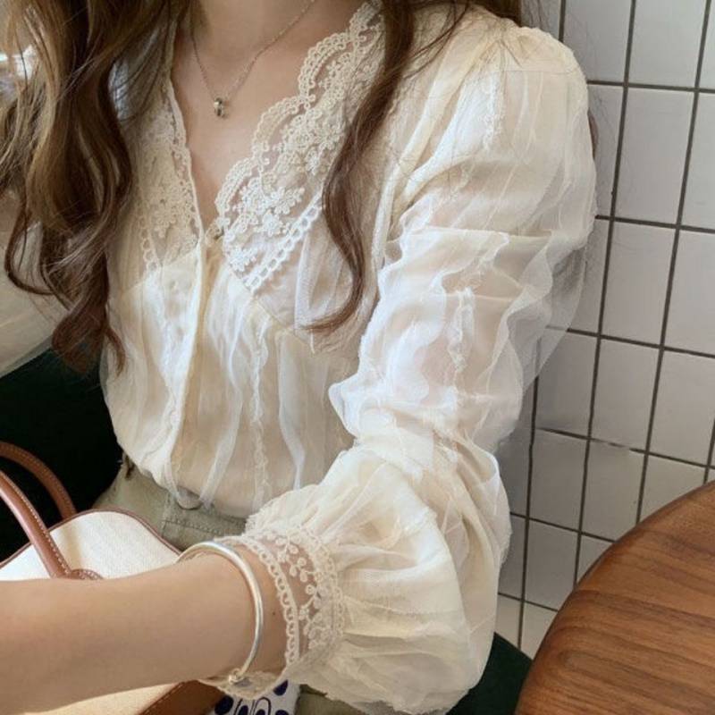 Picture of Elegant V-neck lace shirt for women 2022 Spring New Gentle all-match chiffon sweet chic small shirt