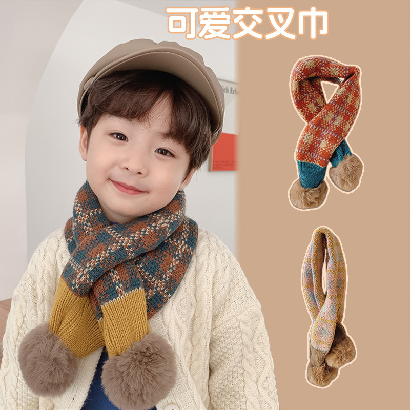 Autumn and Winter Plaid Knitted Children's Scarf Warm Windproof Cute Boys' and Girls' Scarf Korean-style All-match Baby Neck Sleeve