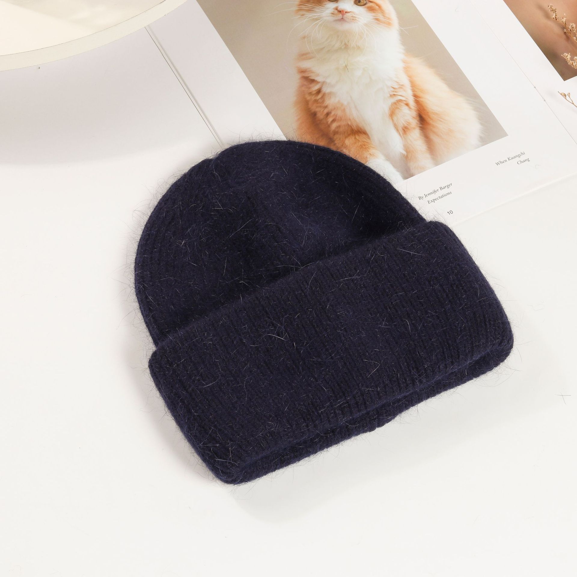 Picture of Korean Winter Knitted Hat with Large Brim for Women, Windproof Pullover Round-Top Adult Rabbit Fur Wool Hat
