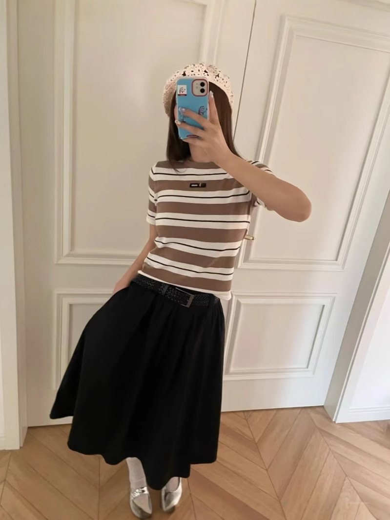 In-Stock 25 New m Brand Correct Version Spring and Summer New Striped Pure Cotton Short-Sleeve T-Shirts for Men and Women Couple Matching Tops Trendy