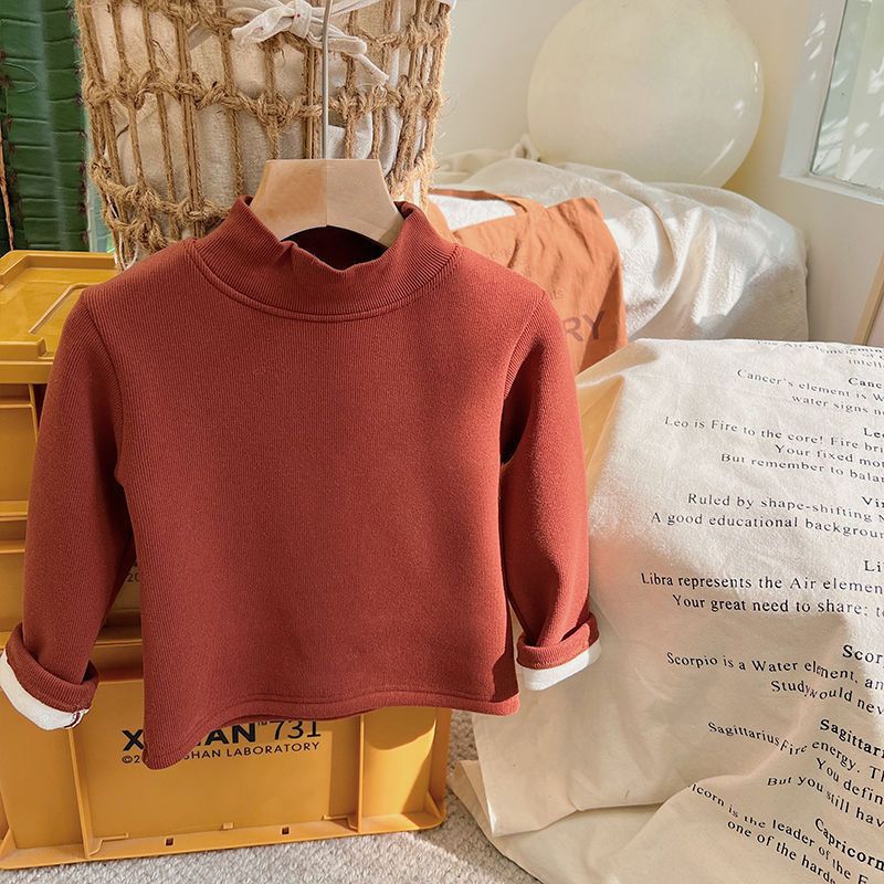 Picture of children's fleece-lined half turtleneck bottoming shirt autumn and winter Korean style men's and women's one-piece velvet warm top