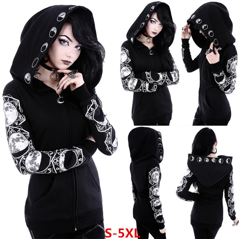 9509#2020 AliExpress WISH Amazon Explosions Black Punk Peng Hooded Moon Printed Long Sleeve Wear