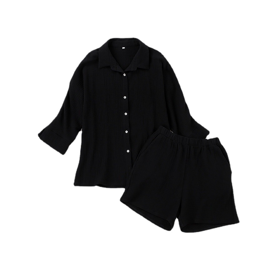 2024 Summer European and American Long-Sleeved Shorts Suit Thin Casual Cross-Border Crepe Home Wear Pajamas Pure Cotton Outer Wear for Women