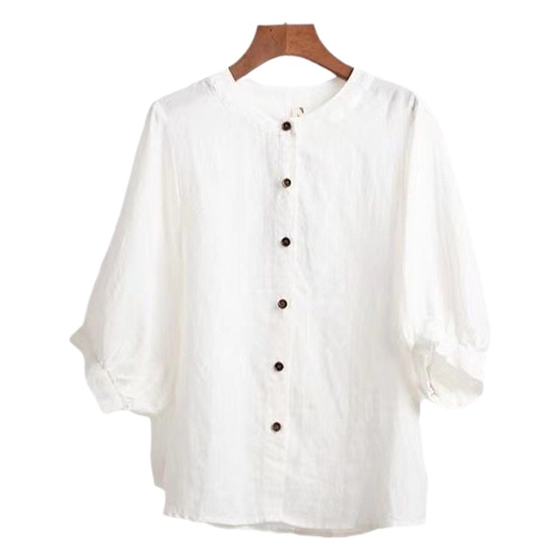 Picture of 2024 Early Spring New Women's Shirts Women's Design Niche Summer Retro Literary Lantern Sleeve Cotton and Linen Tops Trendy