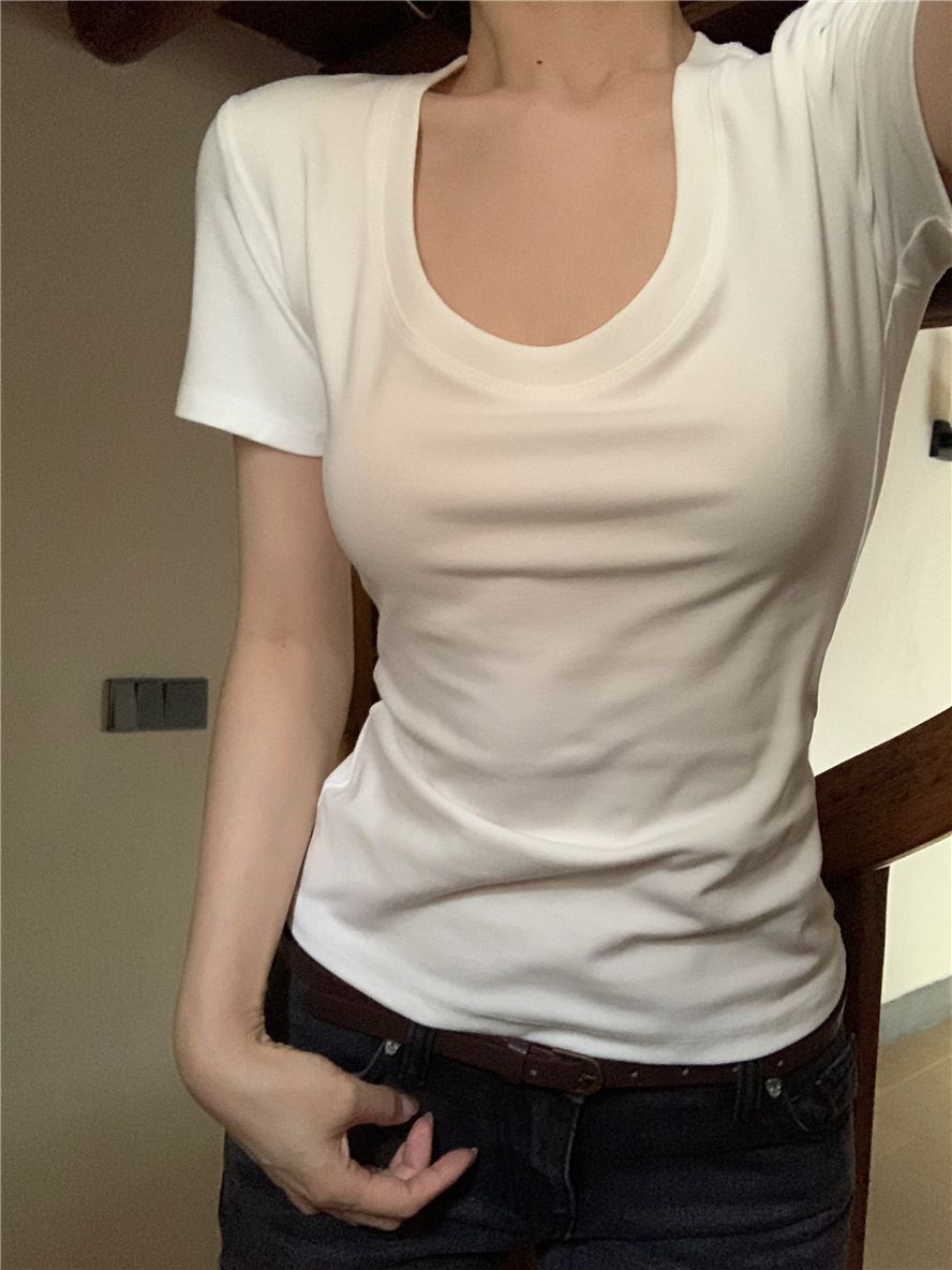 Picture of Solid Color U-Neck T-Shirt for Women Summer 2025 New Korean Style Niche Sexy Slim Versatile Short-Sleeve Top Ins Trend
