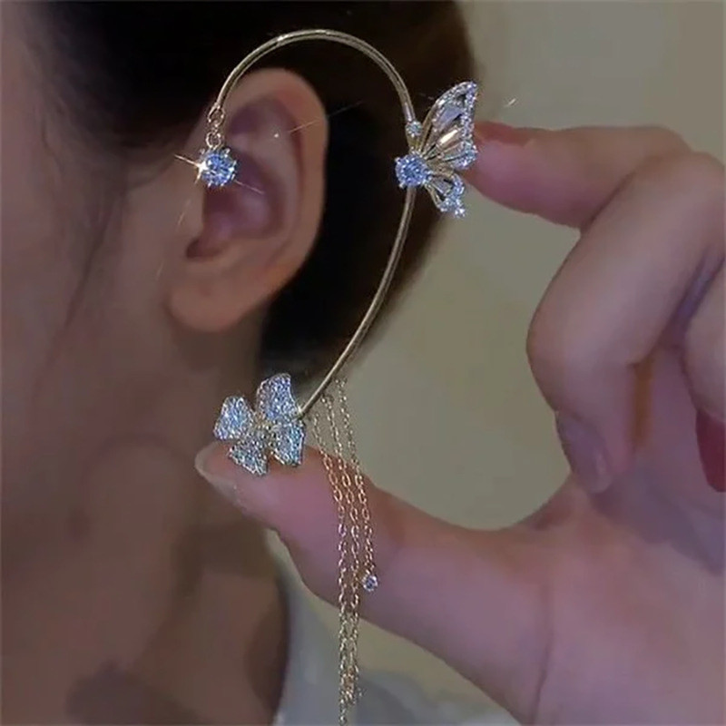 TikTok New Style Simple Fashion Super Flash Diamond Butterfly Flower Women's Ear Hanging Tassel Earrings Ear Bone Clip