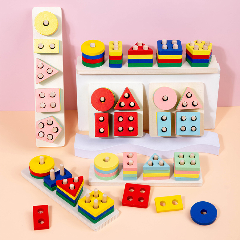 Wooden Montessori geometric shape matching color four or five sets of column toys for infants and young children early education Enlightenment educational aids