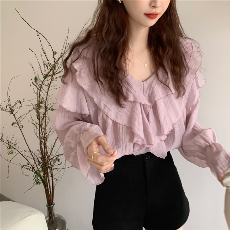 Picture of Chiffon Long-sleeved Shirt Women's 2023 Spring and Autumn New High-end Design Sense Thin Irregular Ruffled Stacked Top