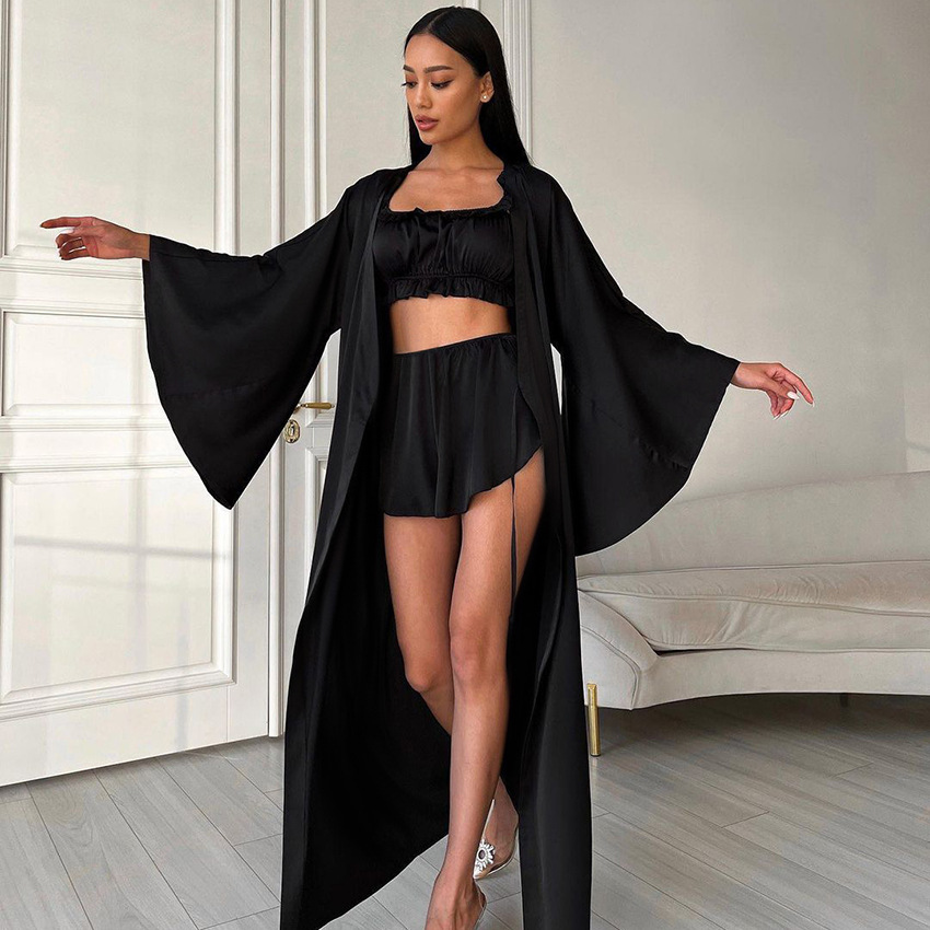 European and American Autumn 2024 New Fashion Sexy Sling Shorts Cardigan Nightgown Three-piece Black Women's Home Clothes