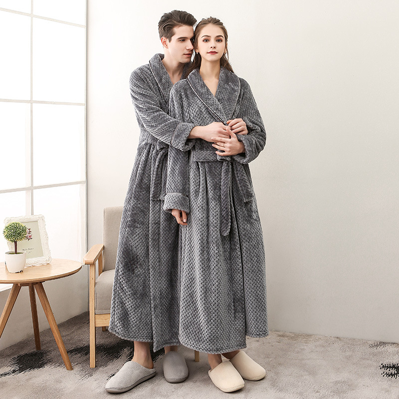 High Waist Slimming Couple's Flannel Nightgown Men's Lengthened plus size Babe Velvet Bathrobe Women's Thickened Warm Pajamas