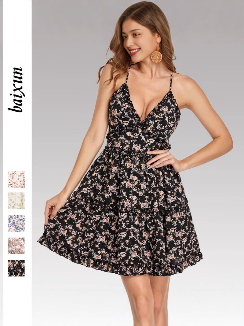 European and American Amazon Cross-border Women's Wear 2025 Summer New Style Fresh V-neck Printed Sleeveless Sling dress Women