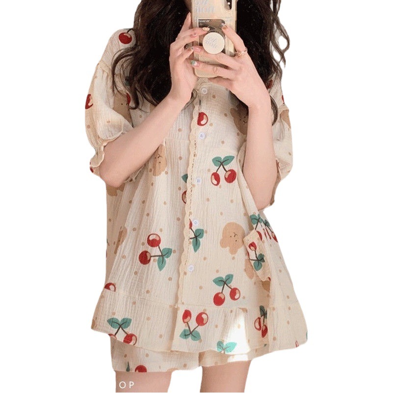 Live Pajamas Women's Summer Korean-style Ins Cyber Celebrity Bear Short-sleeved Shorts Cardigan Sweet Home Clothes Women's Two-piece Set