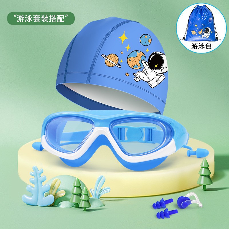 Picture of Children's large frame swimming goggles waterproof anti-fog HD diving goggles boys and girls one-piece earplug swimming goggles wholesale