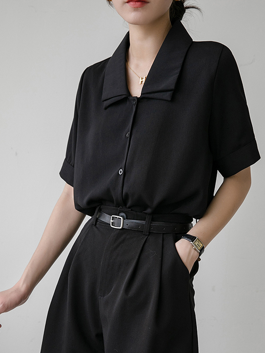 French Black Loose Elegant Shirt Women's Design Sense Niche Double Lapel Short Sleeve Chic Summer High-end Top