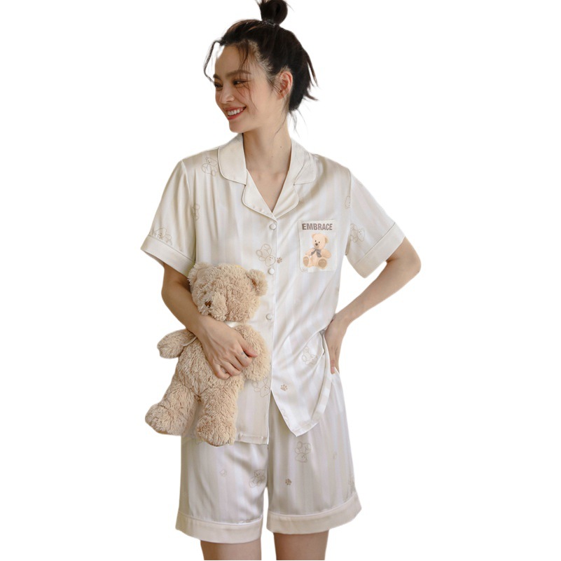 Cartoon Bear Print Pajamas for Women Thin Cool Ice Silk Short-Sleeved Shorts Two-Piece Set Imitation Silk Women's Home Clothes