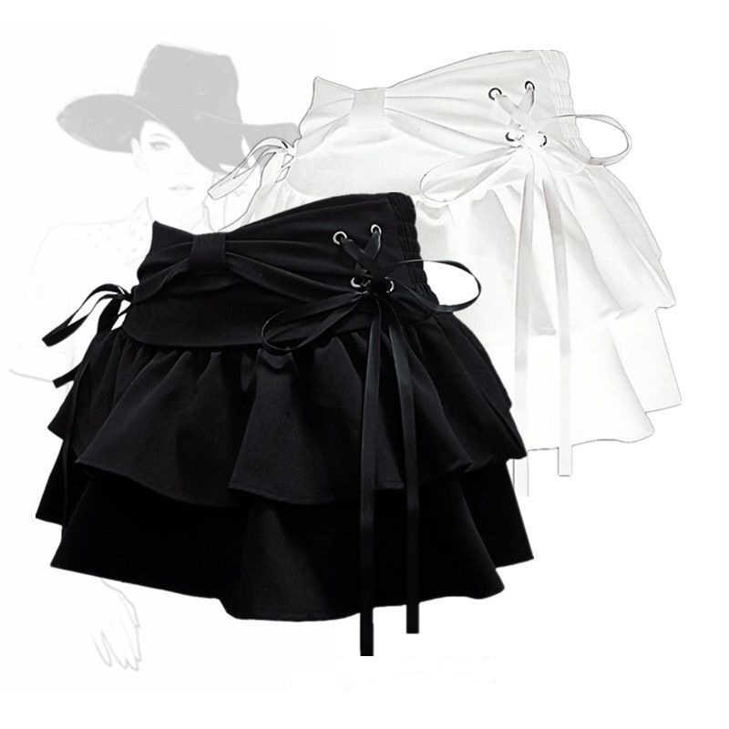 Bow Strap Pleated Skirt Spring and Autumn New Pure Desire Spice Girl Character Slimming Skirt Design Sense Summer Half-length Skirt