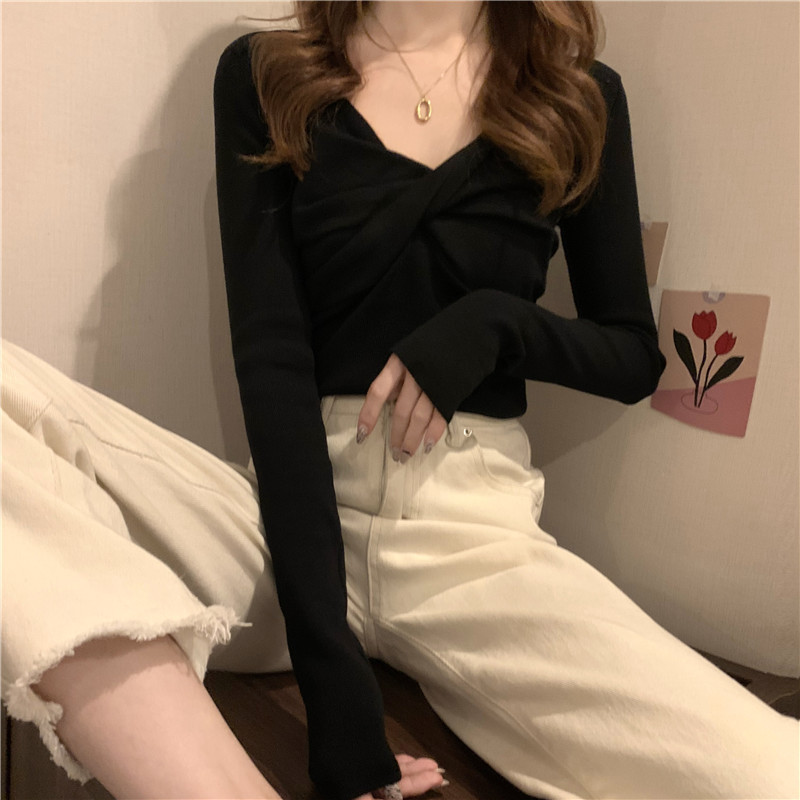 Picture of Early Spring 2021 New Sweater Cared Machine Cross V-neck Knitted Sweater Women's Autumn and Winter Slim-fit Inner Base Shirt Top