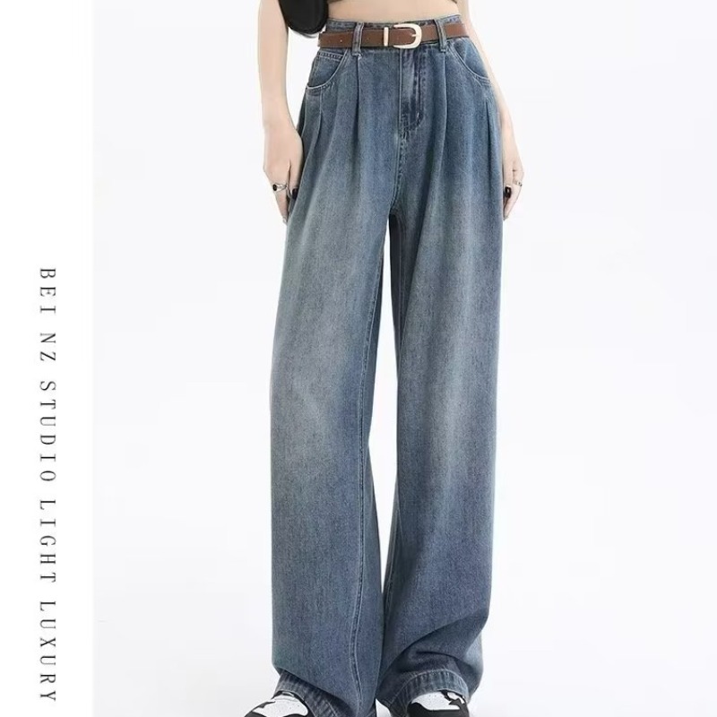 Women's wide-leg jeans 2023 new autumn design pleated high waist slimming small narrow straight pants