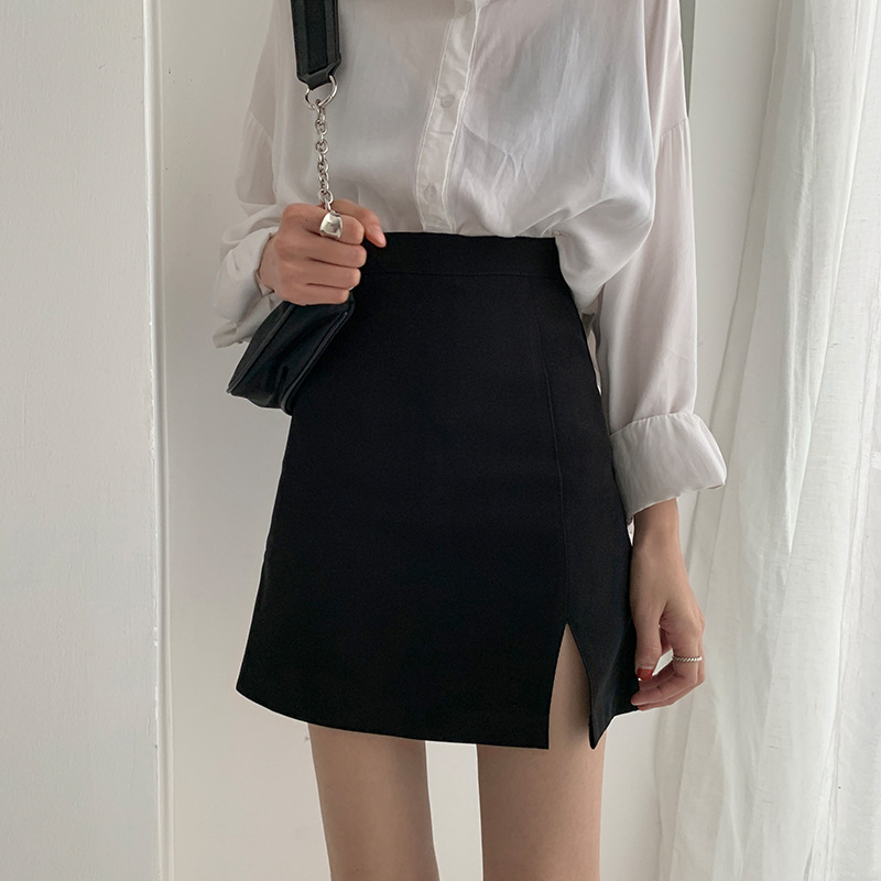 Large size fat mm suit slit short skirt women's black high-waisted skirt autumn versatile hip covering crotch A-line skirt