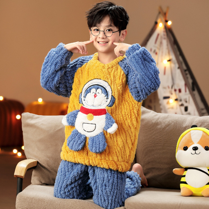 Picture of Autumn and Winter Plush Children's Pajamas Boy's Cute Cartoon Thickened Warm Coral Fleece Children's Home Clothes