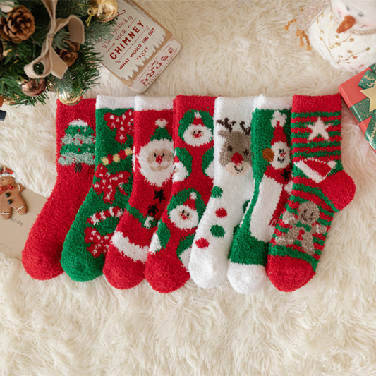 Picture of Cross-Border Supply of 2022 New Christmas Socks, Cute Colorfulful Santa Claus Coral Velvet Socks