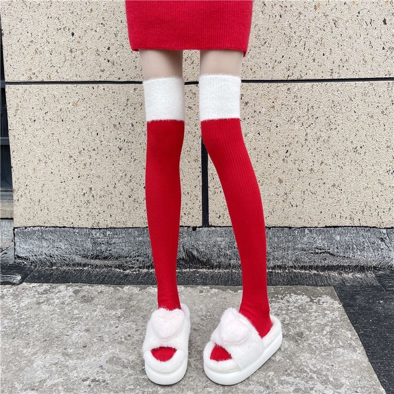 Picture of Stitching stockings autumn and winter women's Christmas over-the-knee socks original year red plush thickened jk calf socks for women