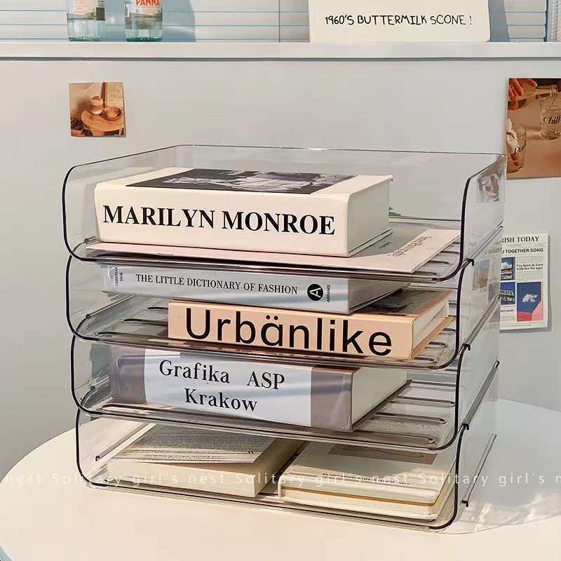 Stackable Storage Box A4 Document Stationery Toys Light Luxury Transparent Desk Cosmetics Multi-Layer Desktop Storage Box