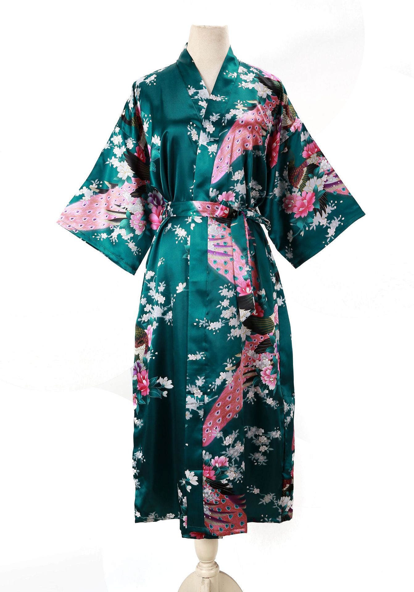 Picture of Women's Sexy Long Pajamas Summer Kimono Robe Thin Peacock Print Bathrobe Imitation Silk Kimono Nightgown Foreign Trade