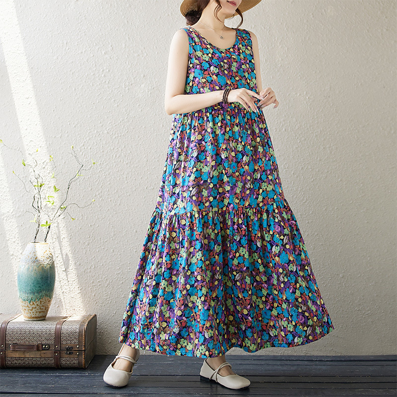 Artistic Retro Pullover Sleeveless Foreign Trade dress 2024 Summer New Ladies Vest Loose plus size A- line Skirt
