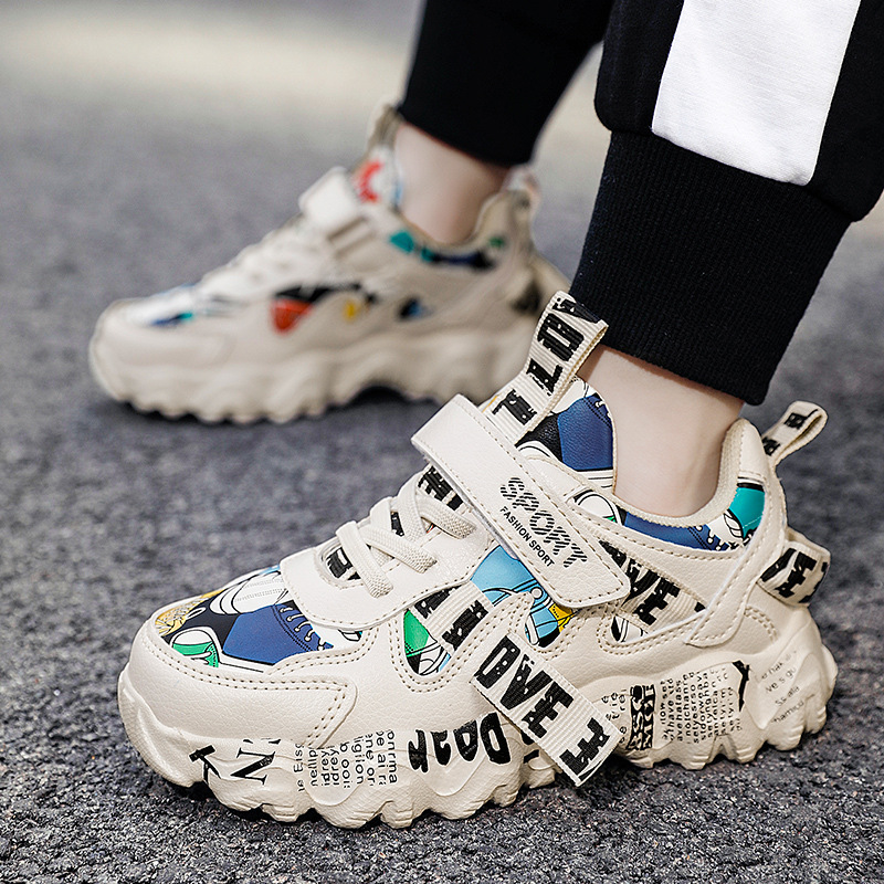 Boys shoes 2024 autumn new leather waterproof national fashion elements casual comfortable trend soft bottom sneaker