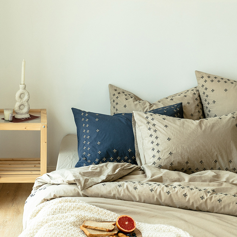 Ins Cotton Yarn-Dyed Washed Cotton Four-Piece Set Pure Cotton Simple B&B Quilt Cover Bed Sheets Pure Color Embroider Home Nantong