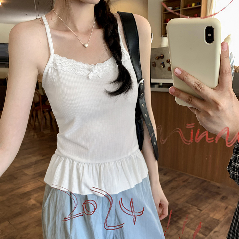 Real Shot of White Pure Lust Lace Ruffled Sweet and Spicy Seaside Sling Women's Summer 2025 New Inner and Outer Top
