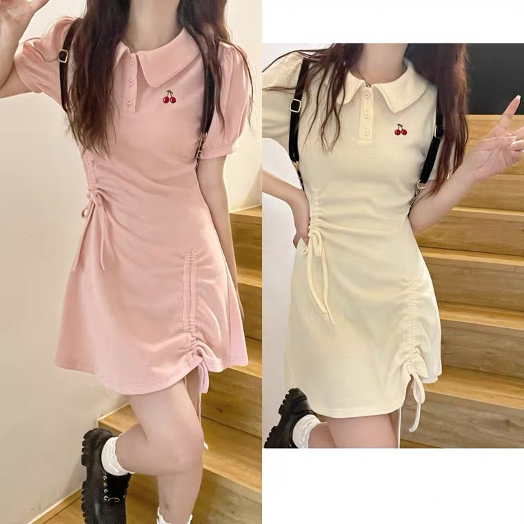 Embroidered Petite Age-reducing POLO Collar Short-sleeved Dress Women's Summer Tight Waist A- line Skirt Drawstring Short Skirt