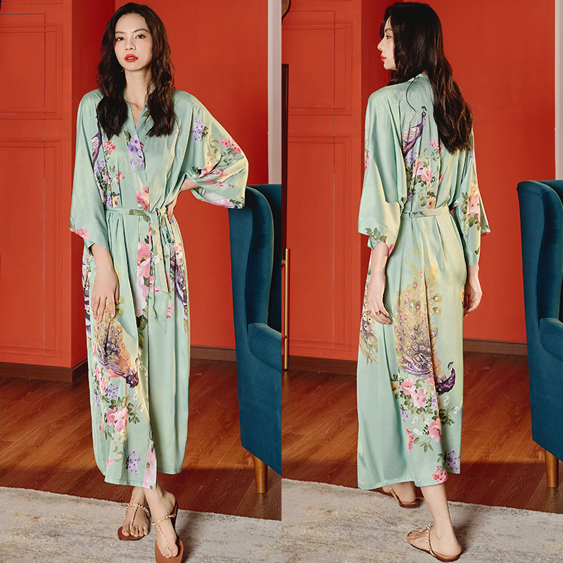 Picture of Yaoting Satin Printed Pajamas for Women Summer Large Size Accessible Luxury Three-Quarter Sleeves Cool Long Nightgown Home Wear Women Wp2669
