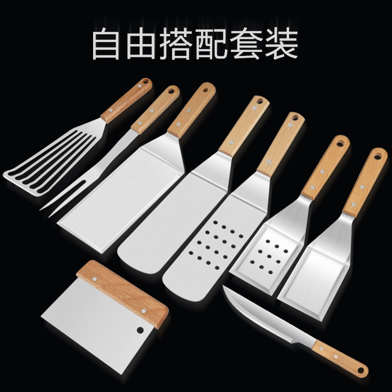 Picture of Cross border barbecue tool set outdoor stainless steel Beech barbecue shovel teppanyaki shovel combination BBQ baking tool